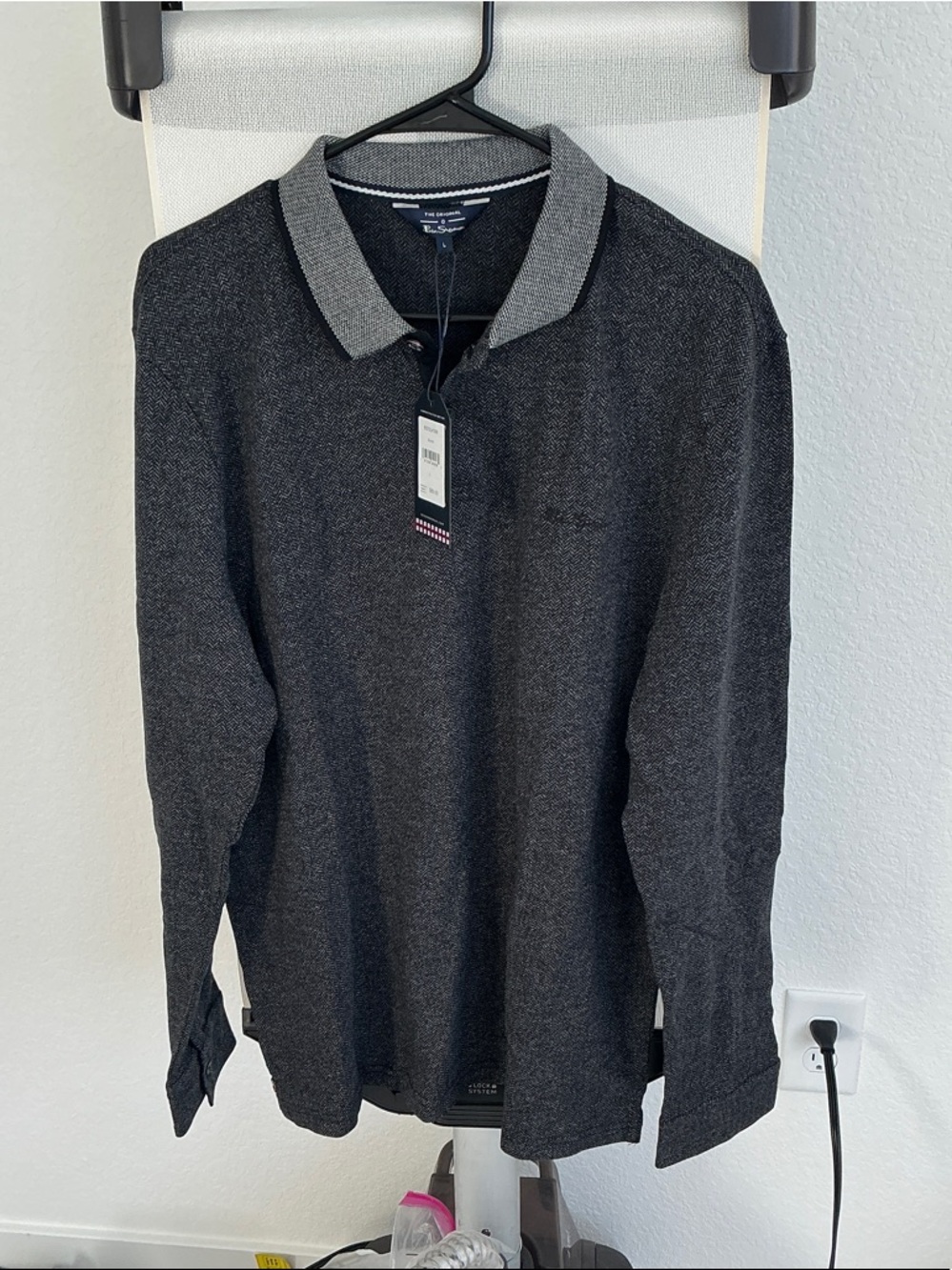 Ben Sherman Dark Charcoal Long Sleeve Polo with Contrast Grey Collar